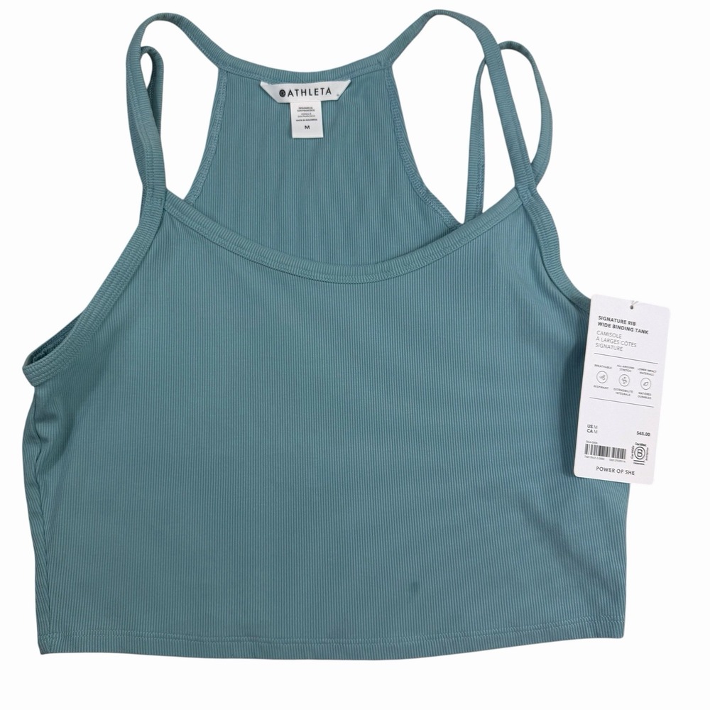 NWT Athleta Signature Rib Wide Binding Tank Light Blue Green Aqua Crop Medium